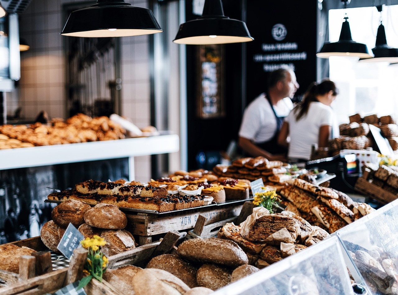 bakery, breads. baked goods available for sale in a bakery shop